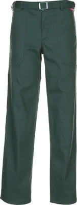 A pair of green work pants with a belt is shown against a white background.