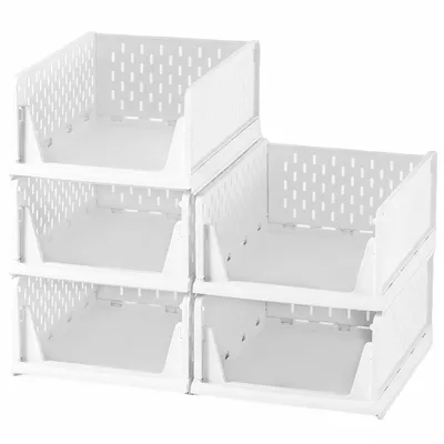 Produktbild von Deuline 5 x Schrank-Organizer klappbar, Kleiderschrank-Organizer stapelbar, ausziehbarer Korb, Aufbewahrung und Organisation, Kunststoff, Weiß 521160