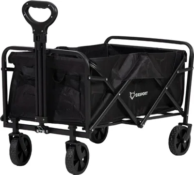 A black folding wagon with a telescoping handle and four wheels, shown from a slightly elevated front-left angle against a white background.