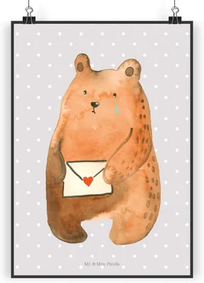 Produktbild von Mr. & Mrs. Panda Bild Bär Liebesbrief DIN A5 - Grau Pastell - Geschenk, Teddy, Freundin, Kunstdruck, Partner, Freund, wanddeko, Plakat, Vermissen, Posterdruck, drucke
