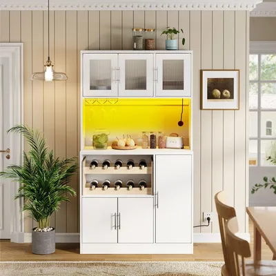 Produktbild von Küchenschrank Weiß mit RGB-LED und Steckdose Hoher Vorratsschrank Weinglashalter Weinregal Moderne Glasfronten Küchenschrank 100x40x180 cm