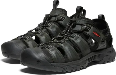 A pair of black KEEN sandals shown from a diagonal angle against a white background.