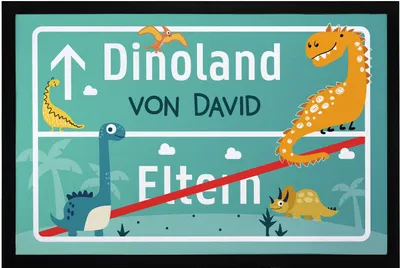 Produktbild von Fußmatte Kinderzimmer personalisiert Dino-Land von Wunschname Türvorleger Kind rutschfest & waschbar SpecialMe® weiß 60x40cm