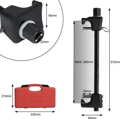 Produktbild von LZQ Federspanner, 2-teilig, max. 260 mm Einspannweite, 300 mm, 45-Stahl, ergonomische Griffe, Sicherheitsverriegelung, 22 mm Sechskant-Antrieb, Universal für Auto, Motorrad, KFZ, Tuning, Reparatur, Profi & Heimgebrauch, inkl. Kunststoffbox, 3,2 kg