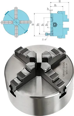Obrázek produktu pro Sklíčidlo – ruční čtyřčelisťové samostředící – Ø 125 mm – 3000 ot./min – přesnost souososti 0,07 mm – průchozí otvor 30 mm – upínací rozsah vnitřní 2,5–40 mm / vnější 38–110 mm