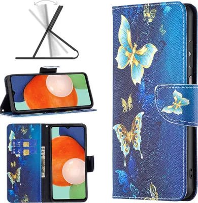 Collage of images showing a phone case with a butterfly design, its stand feature, and its card holder functionality.