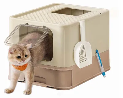 Image de Litière fermée pour chat avec pelle – Contrôle des odeurs – 54,3 x 42,5 x 37,8 cm – marron