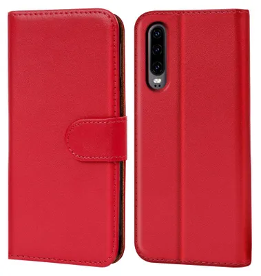 A red flip case for a smartphone is shown, with the phone inserted in one half of the case.