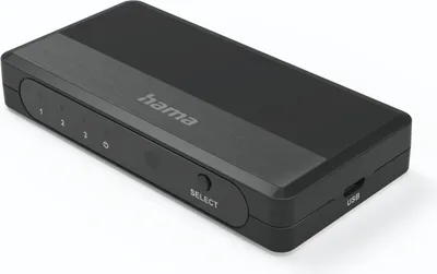A black HDMI switch with the brand name 'hama' visible on top.