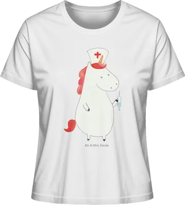 Produktbild von Mr. & Mrs. Panda Damen T-Shirt Einhorn Krankenschwester Größe S - Weiß - Geschenk, Oberteil, Krankenhaus, Krankenpfleger, Krankenpflegerin, Unicorn, Basic Shirt, Ärztin