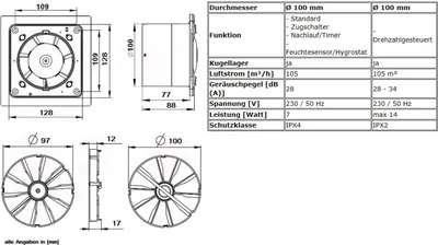 Produktbild von Badlüfter Ventilator Lüfter Badezimmer Badventilator Rückstauklappe WC Be- Entlüftung Abluft Ø 100 mm weiß Drehzahlgesteuert gebogen