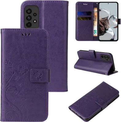 Produktbild von Handyhülle für Samsung Galaxy A73 5G Floral Blumen Schmetterling Flip Cover Hülle Case Klapphülle Handytasche Farbe: Violett