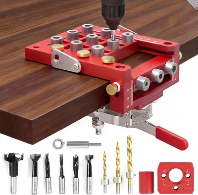 Produktbild von Bohrschablone für Dübel 2/6/8/10/15/20/35mm – 3-in-1 Taschenlocher mit Positionierungsclip