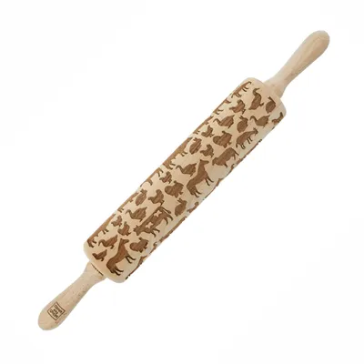 Produktbild von MoodForWood Nudelholz aus Holz, graviert, 43 cm mit Griffen, perfekt zum Backen - Bauernmuster