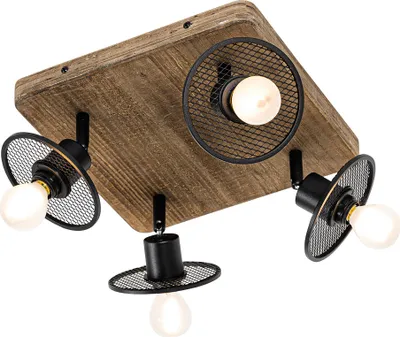 Produktbild von QAZQA - Industrie I Vintage I Industrie I Vintage Ir Deckenstrahler schwarz mit Holz 4-flammig Spotbalken-flammig - Jasmijn I Wohnzimmer I Schlafzimmer - Stahl Quadratisch - LED geeignet E14