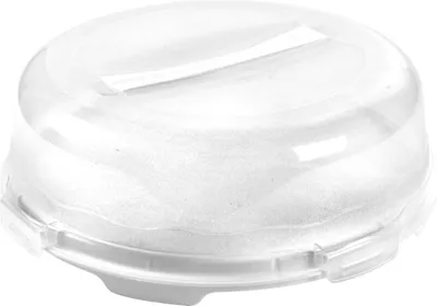 A clear, studio shot of a round, transparent cake carrier with a white base and a white insert.