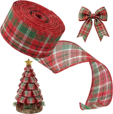 Image de Ruban décoratif de Noël, rouge et vert avec des fils dorés, 6 cm x 10 m, ruban cadeau pour la décoration