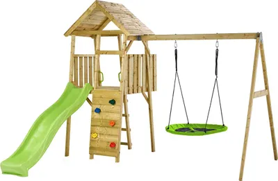 Produktbild von Holzspielplatz, 2 Schaukeln, Nest, Rutsche, Kletterwand, WOODI-Hütte