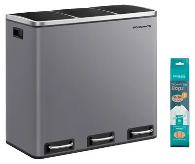 Immagine prodotto di Sistema di raccolta differenziata con pedale e 3 contenitori interni | Grigio opaco | 31,5 x 61 x 55,5 cm