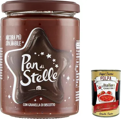 Produktbild von 12x Pan di Stelle Crema Spalmabile Haselnuss Streichfhige Creme Sahne mit Kekskrnern 380g ohne Palml + Italian Gourmet polpa 400g