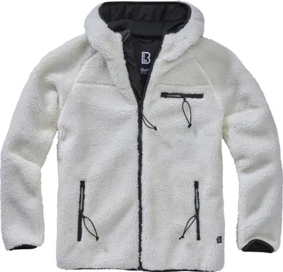 A white teddy fleece jacket with black accents, shown flat against a white background.