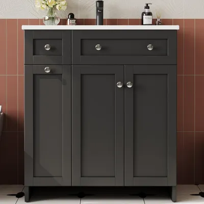 Zdjęcie produktu dla Nowoczesna szafka łazienkowa z szufladami z cichym domykaniem, umywalką ceramiczną odporną na wycieki, cicha, czarna, idealna do stylowej łazienki, wymiary: 76x47x86 cm