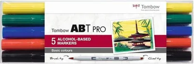 Produktbild von Tombow ABT Pro, 5 Stück(e), Schwarz, Blau, Grün, Rot, Gelb, Meißel-/Bürstenspitze, Rund, Tinte auf Alkoholbasis