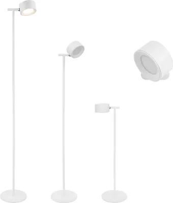 A collage of a white LED floor lamp from different angles and distances.