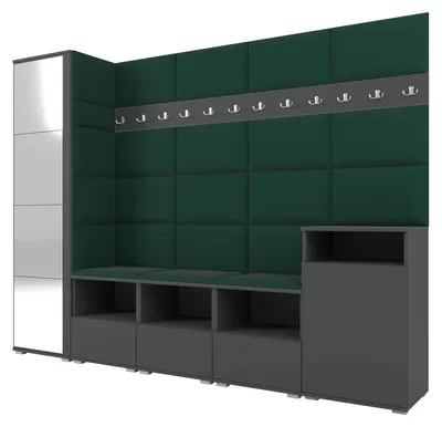 Produktbild von Garderobe NELA XI 250 cm Modulare Flurmöbel Graphit mit Spiegel & Sitzpolster Flaschengrün 28 (Großes Set)