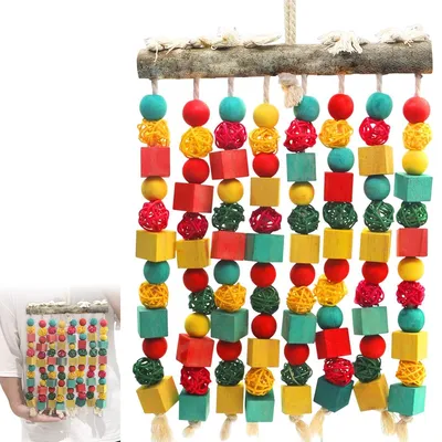 Produktbild von Großes Kauspielzeug aus Holz für Papageien, bunter Stoffstil, großes Ara-Vogelspielzeug