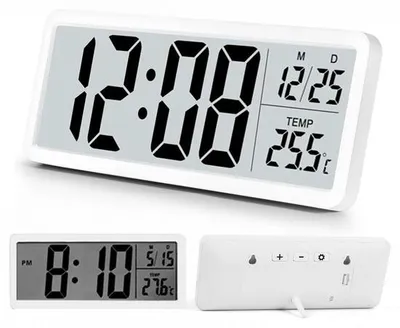 Obrázek produktu pro Moderní digitální nástěnné hodiny, 20 cm, bílé, s ukazatelem teploty