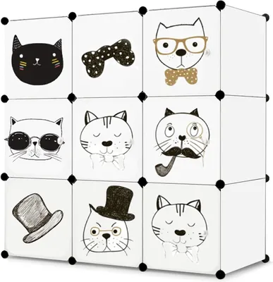 Produktbild von Modularer Schrank für Kinder, 9 Türen mit Märchendruck, Kombischrank, Steckregal, 3 kg Kammerkapazität, Polypropylenplatten, schimmel- und wasserbeständig, 110 x 37 x 110 cm in weiß