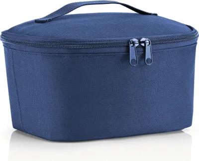 A blue cooler bag is shown against a white background.