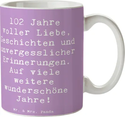 Produktbild von Mr. & Mrs. Panda Tasse Spruch 102. Geburtstag - Lavendeltraum - Geschenk, Henkelpott, Langlebigkeit, Geburtstagsgeschenk, Kaffeebecher, Liebe, Trinkbecher, Happy Birthday