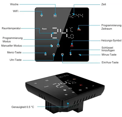 Zdjęcie produktu dla Termostat pokojowy Wi-Fi z ekranem dotykowym, przeznaczony do ogrzewania podłogowego, programowalny. 7-dniowy program, sterowanie za pomocą aplikacji, obsługa głosowa (Alexa, Google Home), wyświetlacz LED, blokada przed dziećmi