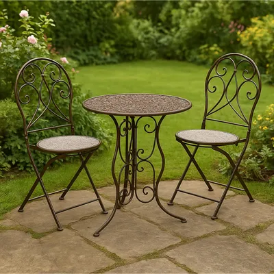 Produktbild von Antike Tischgruppe Lani, 2-Sitzer, Tisch Ø 60 cm H 70 cm, für überdachten Außenbereich