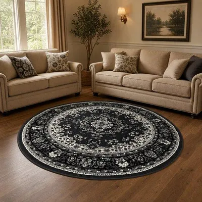 Productafbeelding van Unyqoos® Rund tapijt in oosterse stijl – laagpolig, vintage medallionmotief, grijs, diameter 200 cm, polypropyleen