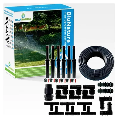 Produktbild von BluNature Pop-Up Bewässerungssprinkler für den Garten - Sprinklersystem für die Rasenbewässerung - Set mit Sprühköpfen für Rasenflächen bis zu 70m2