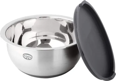 Produktbild von Dr. Oetker Rührschüssel mit Deckel Ø 24 cm, 5 Liter Küchenschüssel, Salatschüssel mit rutschfestem Silikonboden, hochwertige Teigschüssel aus Edelstahl (Farbe: Grau-Braun/Silber)