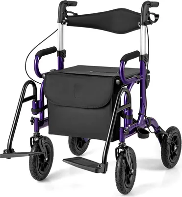 Obrázek produktu pro COSTWAY Skládací kolečkové křeslo a invalidní vozík 2v1 se sedadlem, pneumatikami, taškou a držákem na hůl, pomůcka pro chůzi Výškově nastavitelný do 140 kg hliník fialový