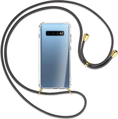 Produktbild von Handykette Backcover-Schutzhülle mit Band (Metall goldfarben) für Samsung Galaxy S10+ / S10 Plus - dunkelgrau