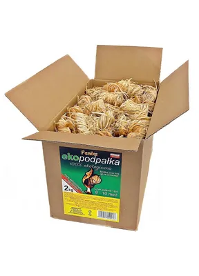 A cardboard box filled with firelighters, with a label on the front.