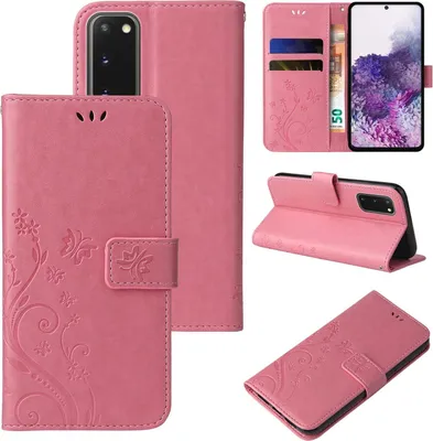 Produktbild von Handyhülle für Samsung Galaxy S20 Floral Blumen Schmetterling Flip Cover Hülle Case Klapphülle Handytasche Farbe: Rosegold
