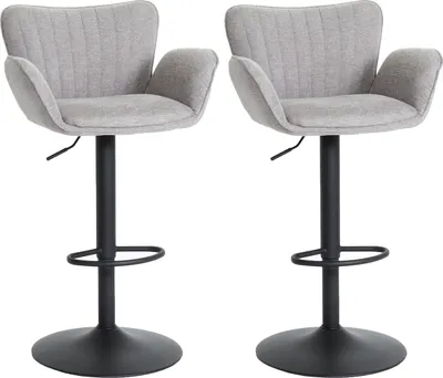 Image de Lot de 2 tabourets de bar HWC-M67, tabouret de bar pivotant, accoudoirs, repose-pieds pivotant, tissu et fer, ® ~ gris clair, pied noir