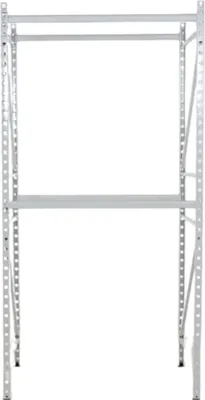 A white metal garment rack with two shelves against a white background.