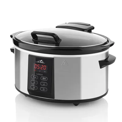 A silver slow cooker with a black lid and control panel is shown against a white background.