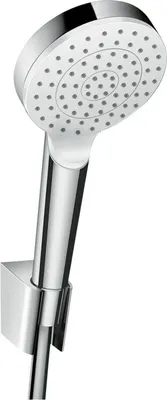A close-up studio shot of a hansgrohe showerhead and hose holder.