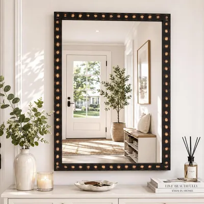 Immagine prodotto di Specchio da parete rettangolare con cornice in legno, 61x81 cm, in legno massello, stile rustico e vintage, colore nero