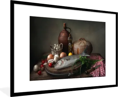 Produktbild von MuchoWow® Gerahmtes Poster Rustikal - Fisch - Stilleben - Gemüse - Kräuter 90x60 cm - Poster mit Schwarzem Bilderrahmen Wandposter Rahmen Foto Bilder - Wanddekoration - Fotos