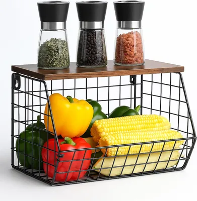 Produktbild von Relaxdays Obstkorb Wandregal, Ablagebrett, Küchenorganizer, HBT: 21x30x20 cm, Gitterkorb Metall, schwarz/dunkelbraun